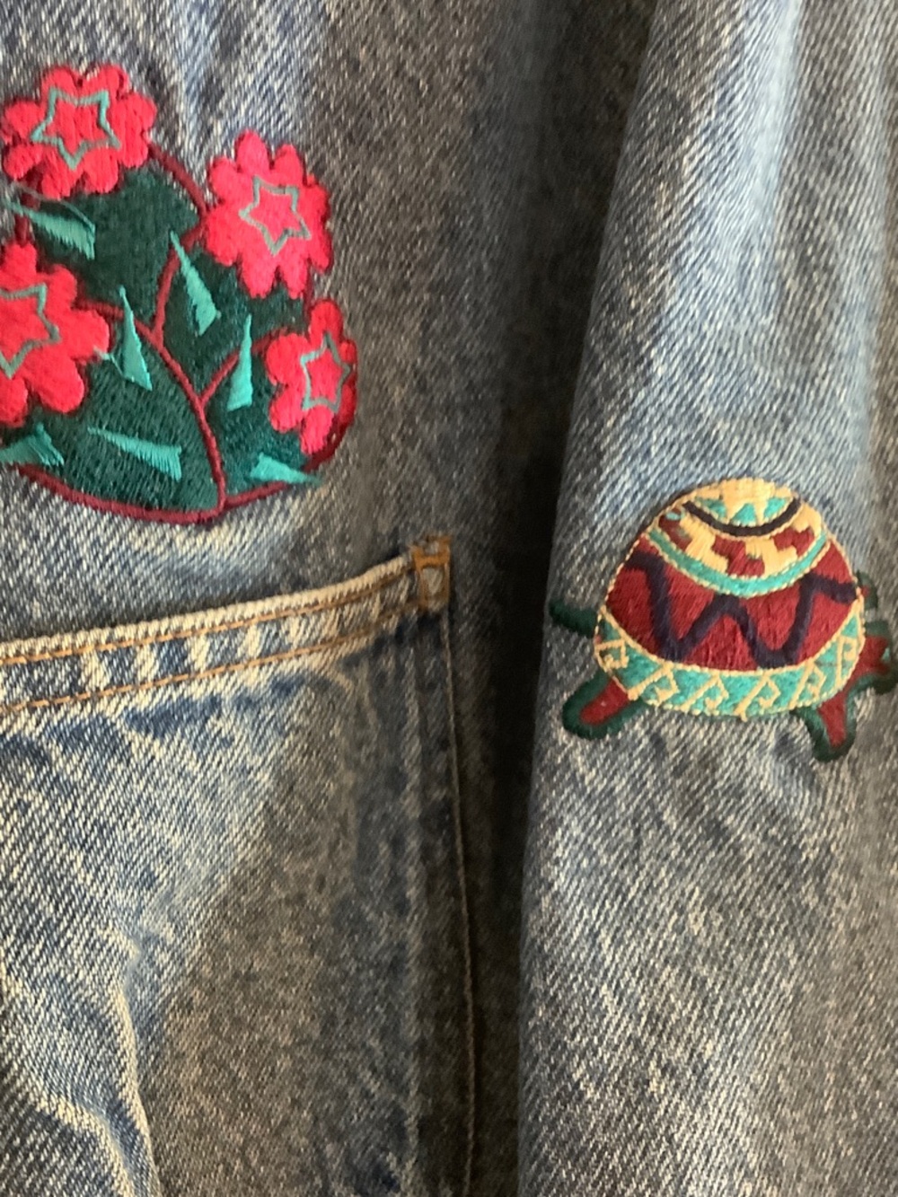 Vintage Embroidered Denim barn chore Jacket Brown Collar 1980-1990 southwestern - Picture 4 of 9